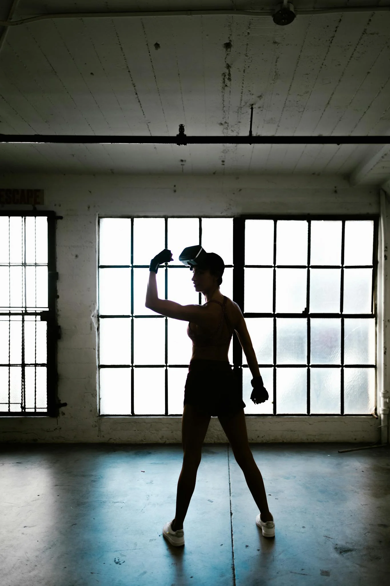 Silhouette of a fit woman wearing VR headsets, engaging in virtual exercise indoors.